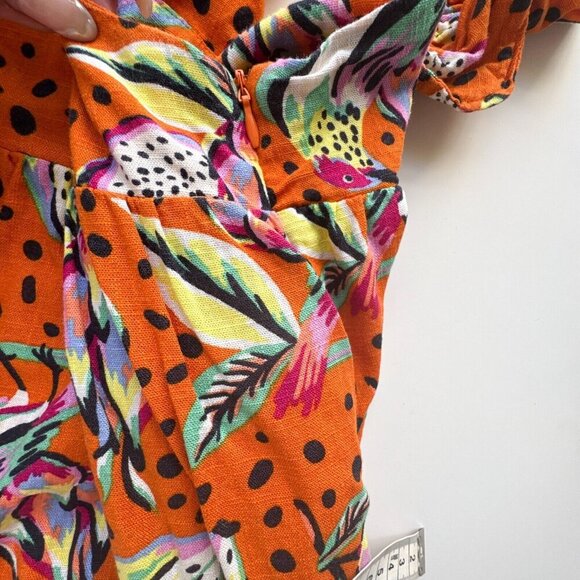 Kourt Aria Linen Tropical Short Dress Pockets Fruit Bird Medium Orange - Picture 10 of 14